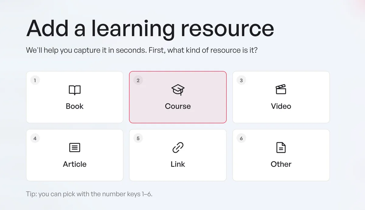 Pandalier’s add-resource dialog, choosing between book, course, video, article, link and other.