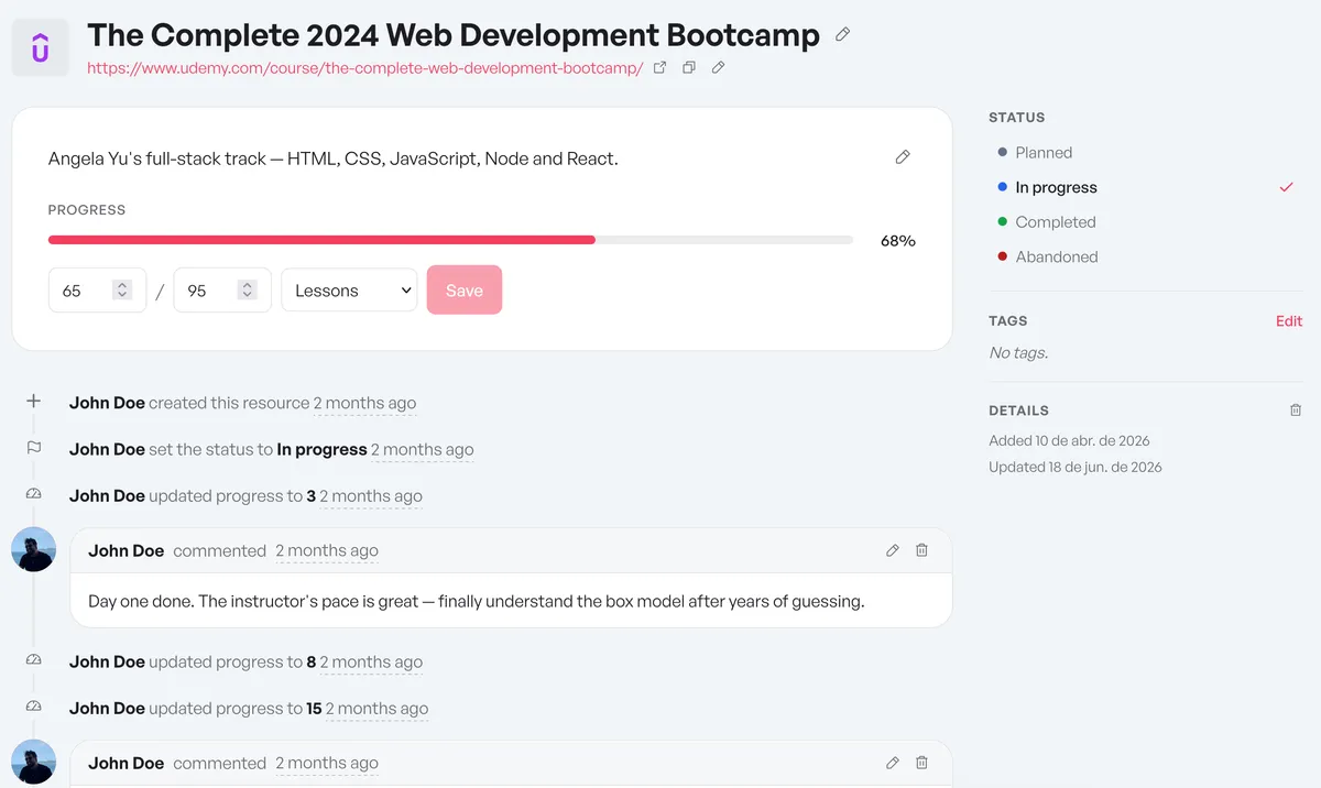 A resource detail view with a progress bar and a timeline of updates and notes.