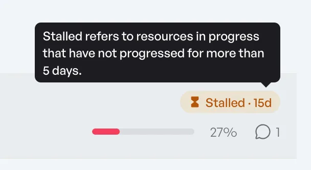 A stalled badge with a tooltip explaining resources that have not progressed in a while.